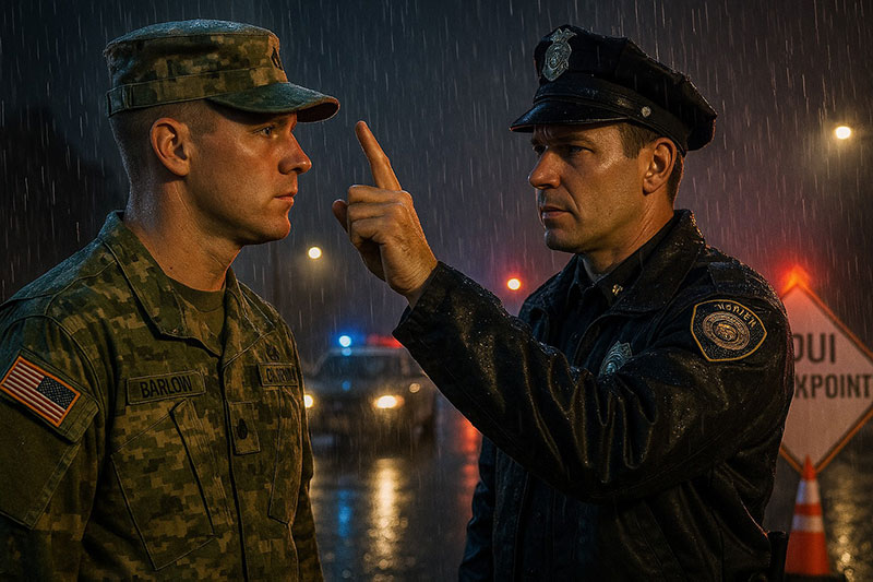 Police officer giving sobriety test to man in military uniform