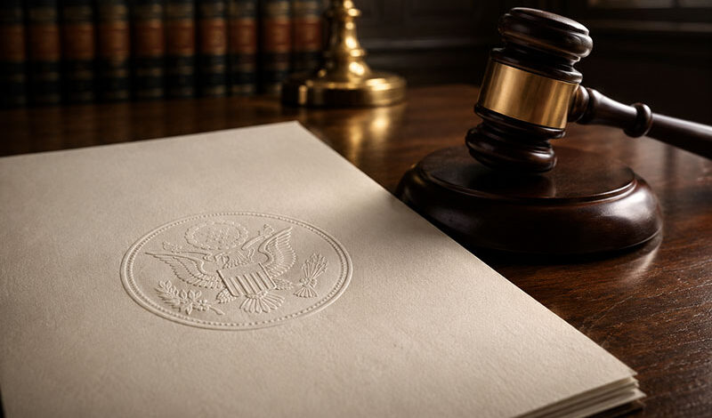 Judges gavel with embossed documents
