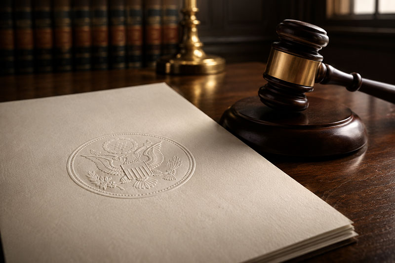 Judges gavel with embossed documents